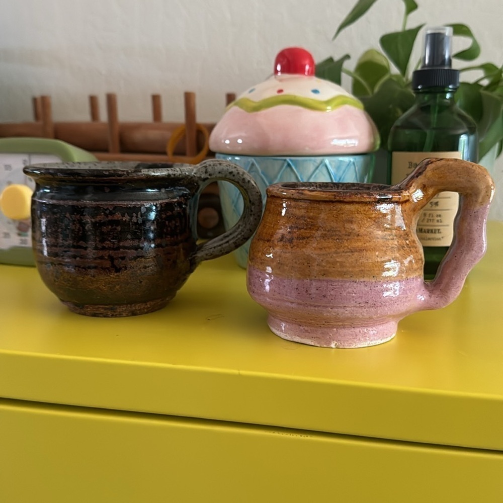Set of 2 Handmade Pottery Coffee Mugs 8oz Espresso Latte Brown Pink - Picture 7 of 7